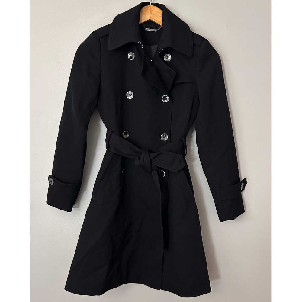 Trina Turk‎ Trench Coat Womens 0 Black 100% Wool Double Breasted Belted Jacket